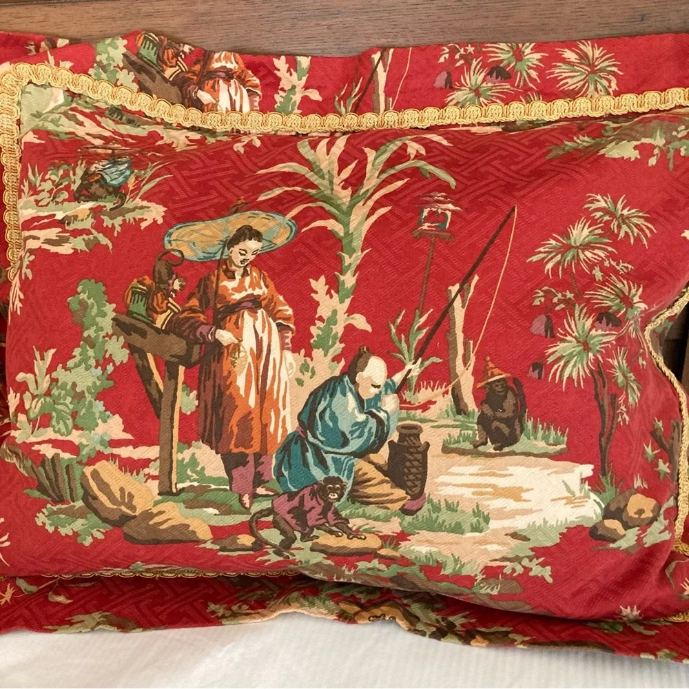 Custom Made Vintage Wesley Mancini Asian Toile Singerie fabric Pillow Shams - Picture 3 of 16